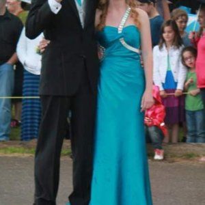 Teal Blue Satin Prom Dress - Size 6/7